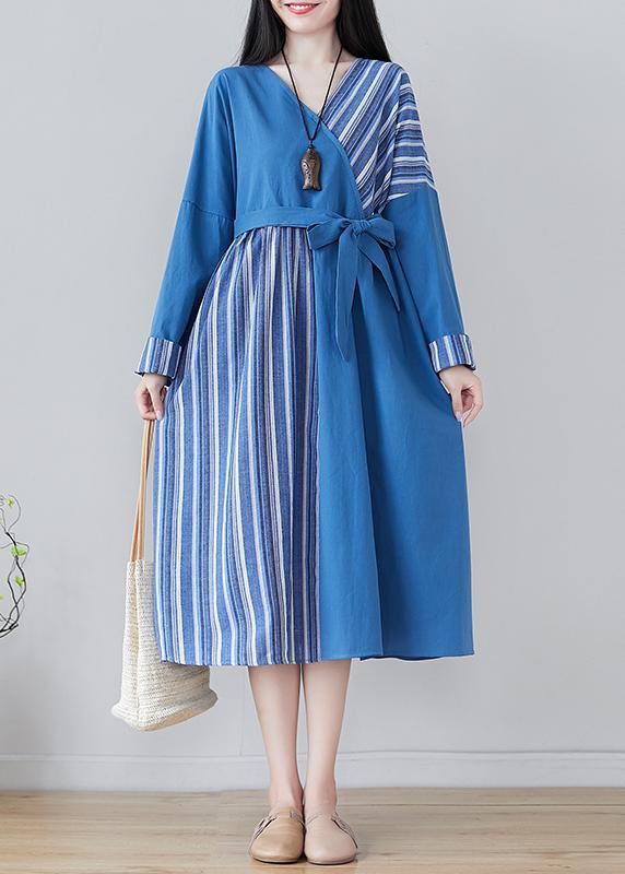 Handmade Blue Striped Tunics for V Neck Patchwork Traveling Spring Dresses