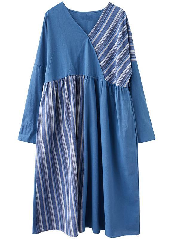 Handmade Blue Striped Tunics for V Neck Patchwork Traveling Spring Dresses