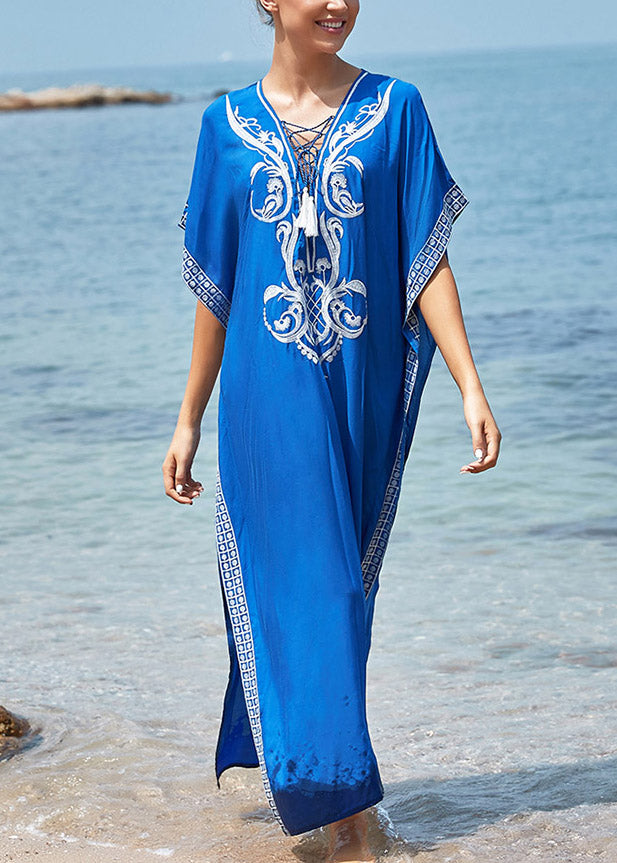 Handmade Blue V Neck Embroideried Side Open Maxi Beachdress Summer