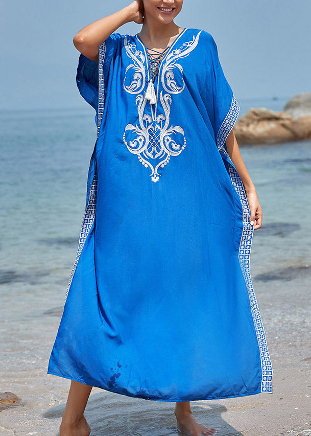 Handmade Blue V Neck Embroideried Side Open Maxi Beachdress Summer