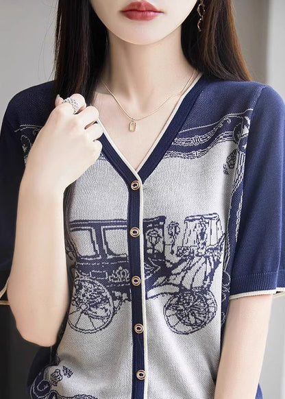Handmade Blue V Neck Print Button Knit Tank Summer