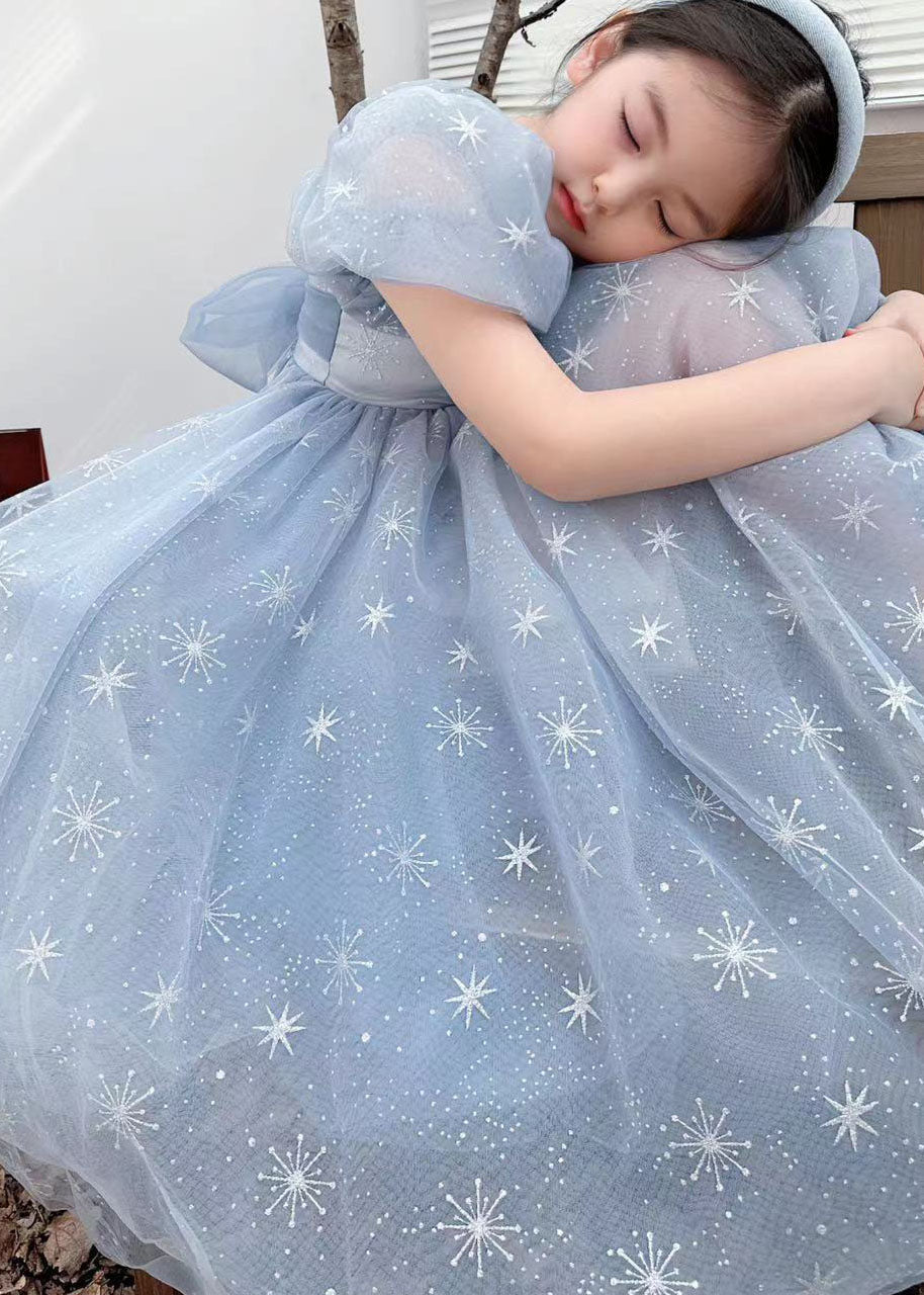 Handmade Blue Wrinkled Bow Embroideried Tulle Baby Dresses Summer