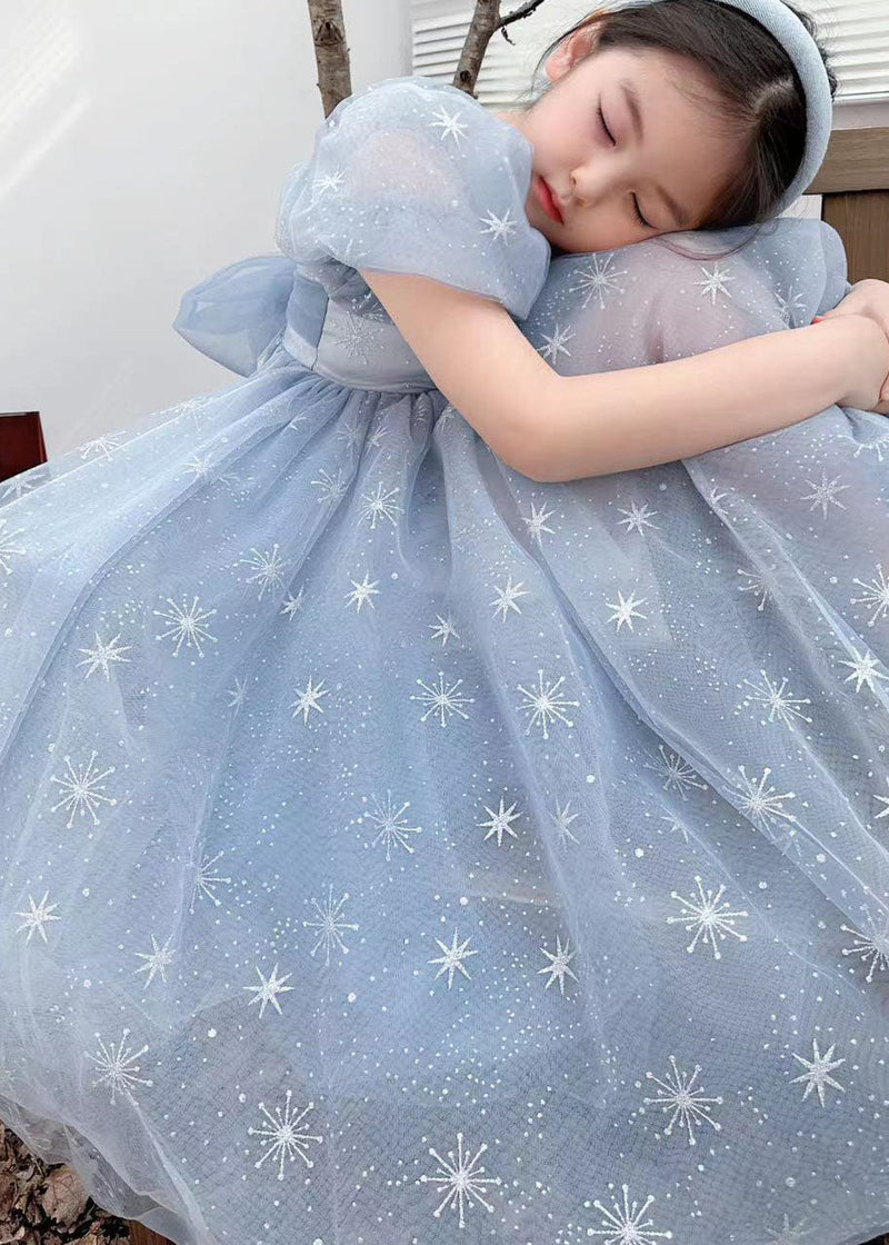 Handmade Blue Wrinkled Bow Embroideried Tulle Baby Dresses Summer