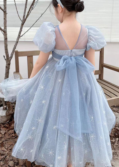 Handmade Blue Wrinkled Bow Embroideried Tulle Baby Dresses Summer