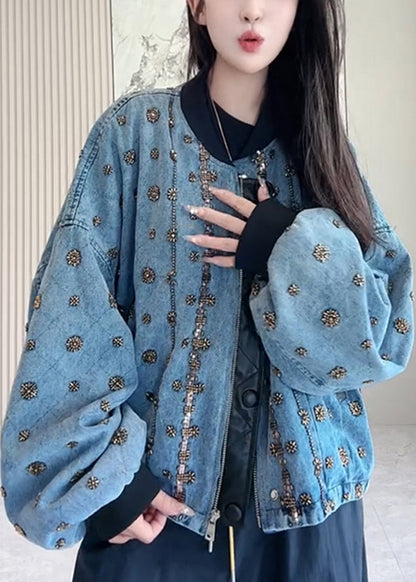 Handmade Blue Zippered Nail Bead Patchwork Denim Coats Fall