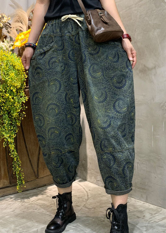 Handmade Blue High Waist Print Denim Pants Spring