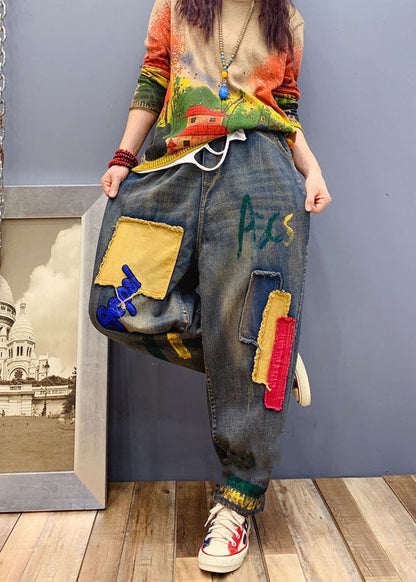 Handmade Blue Patch Applique Denim Pants Spring