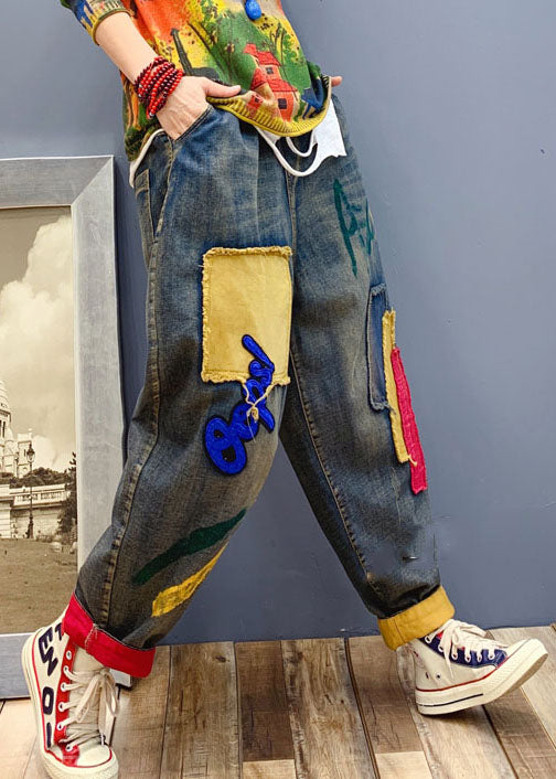 Handmade Blue Patch Applique Denim Pants Spring