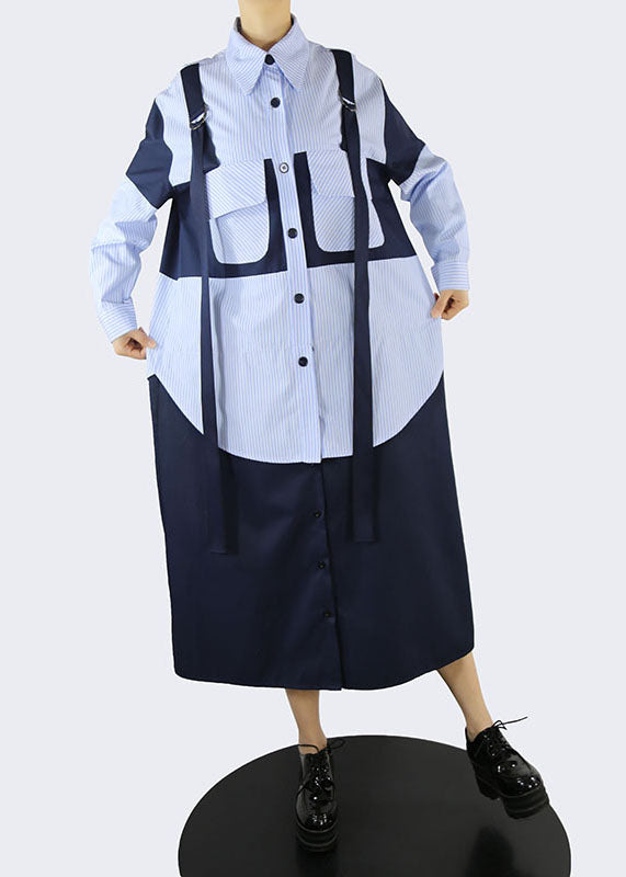 Handmade Blue Pockets Peter Pan Collar Striped Patchwork Shirt Dresses Spring
