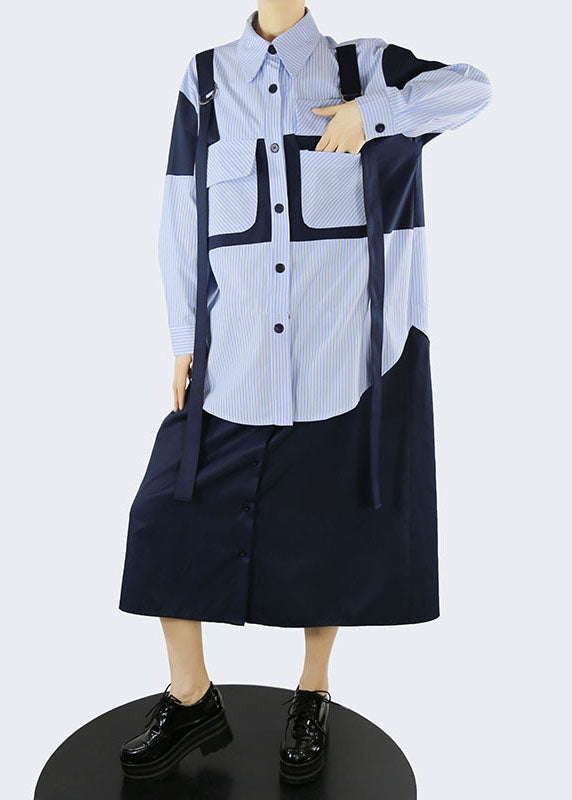Handmade Blue Pockets Peter Pan Collar Striped Patchwork Shirt Dresses Spring