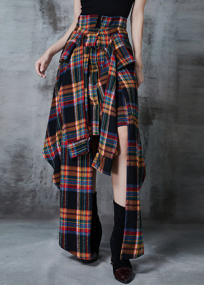 Handmade Brown Asymmetrical Plaid Cotton Skirts Spring