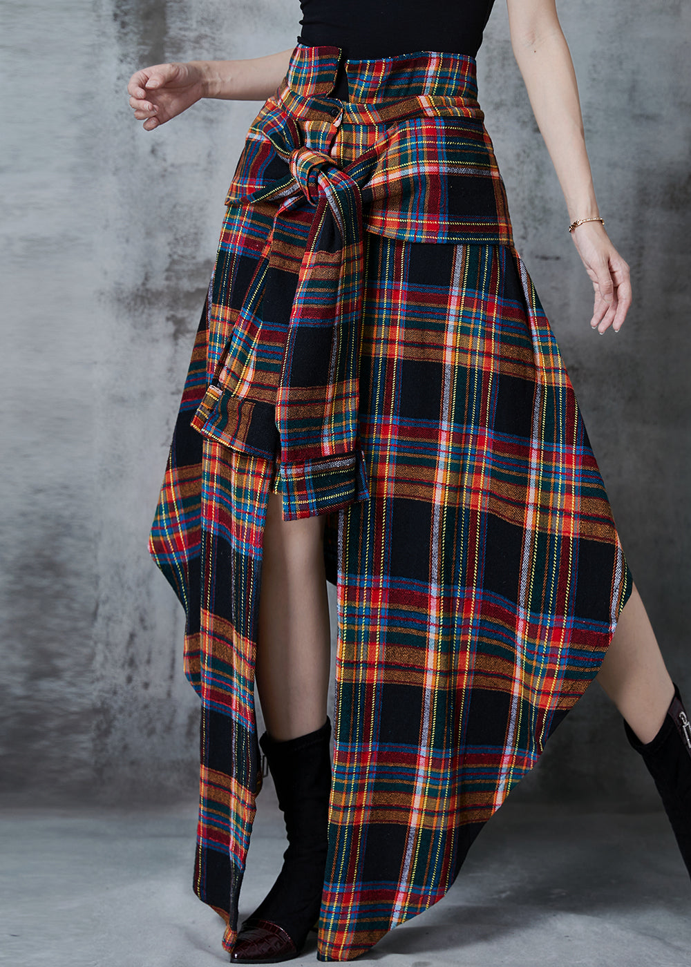 Handmade Brown Asymmetrical Plaid Cotton Skirts Spring