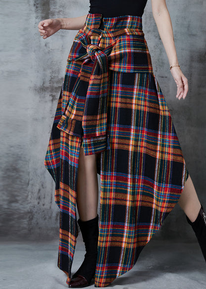 Handmade Brown Asymmetrical Plaid Cotton Skirts Spring