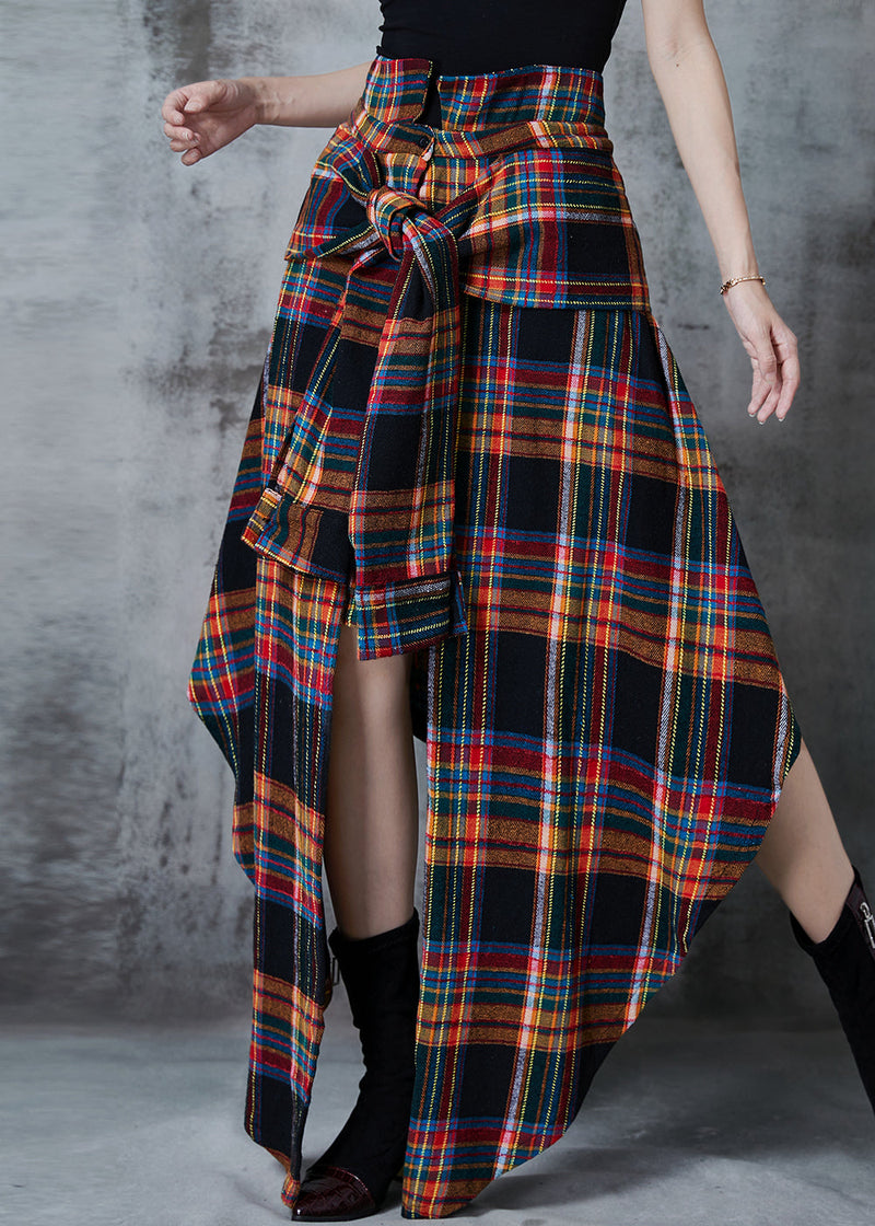 Handmade Brown Asymmetrical Plaid Cotton Skirts Spring