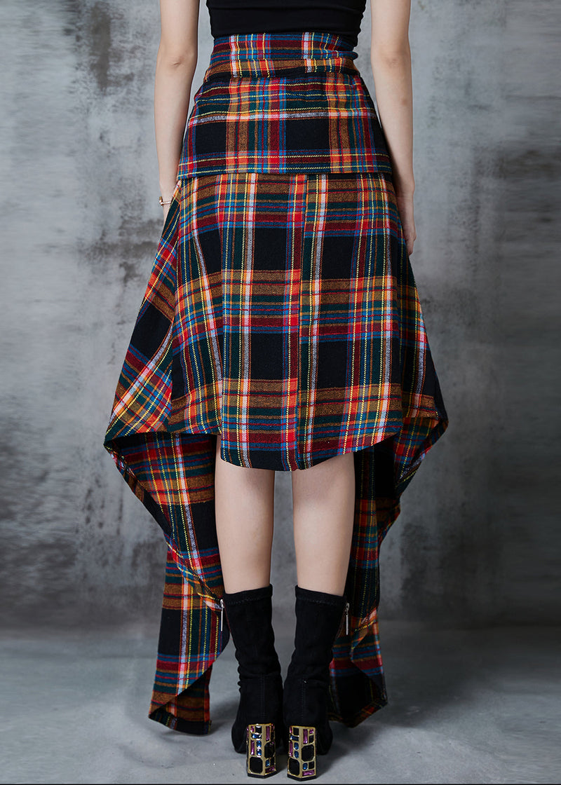 Handmade Brown Asymmetrical Plaid Cotton Skirts Spring