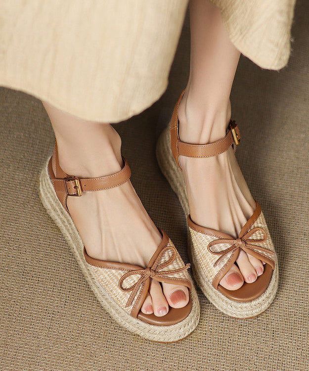 Handmade Brown Sandals Splicing Bow Wedge Sandals