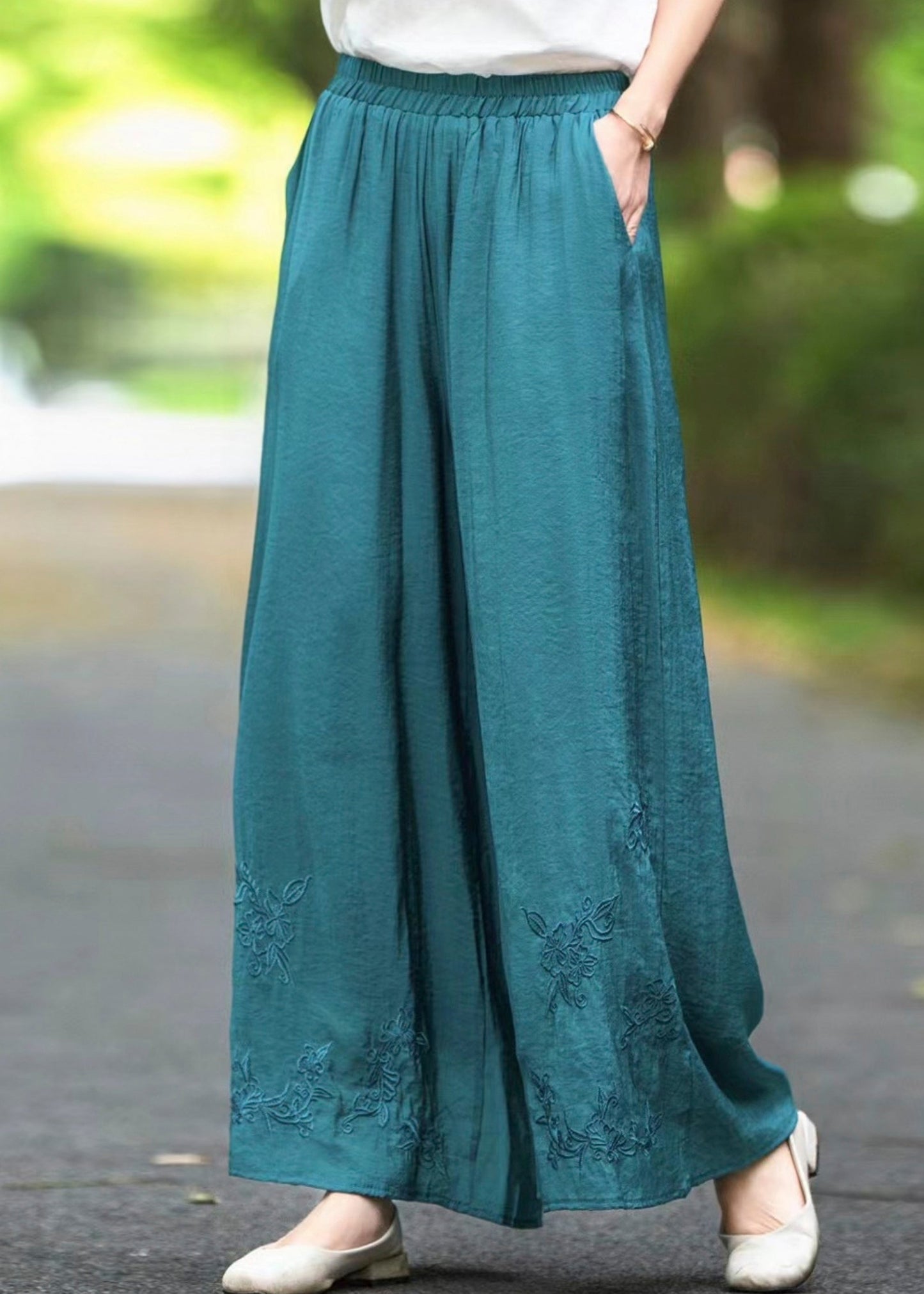 Handmade Brown Elastic Waist Pockets Silk Pants Summer