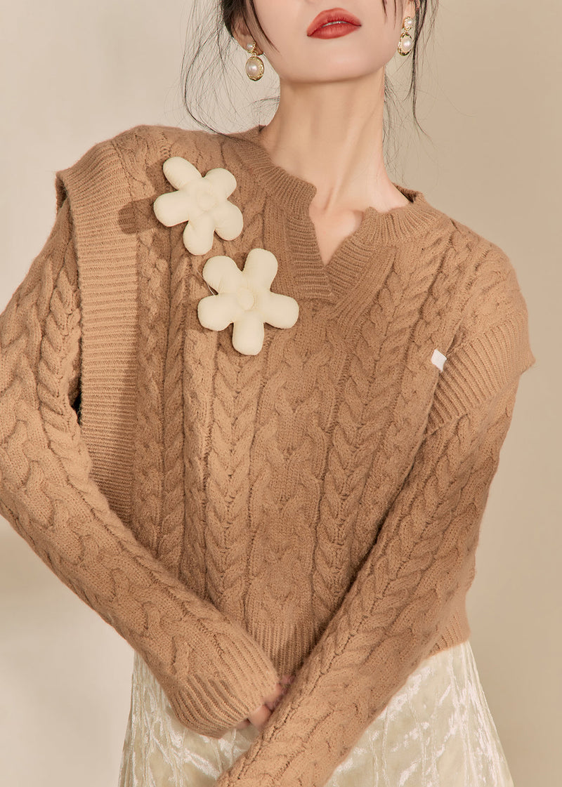 Handmade Brown V Neck Thick Cable Cotton Knit Sweaters Spring