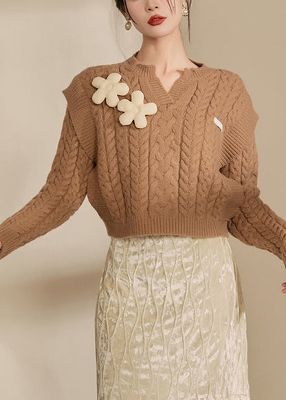 Handmade Brown V Neck Thick Cable Cotton Knit Sweaters Spring