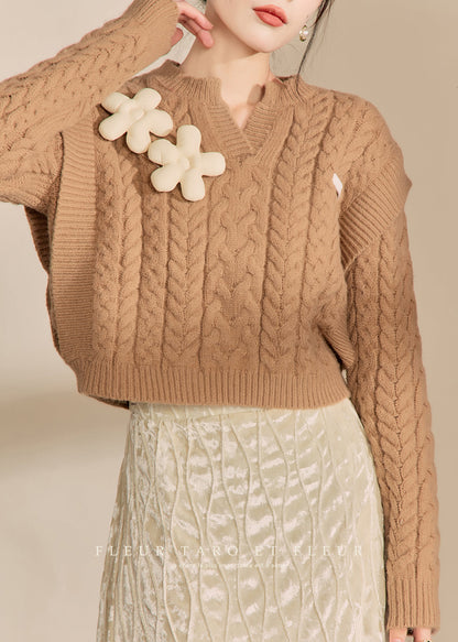 Handmade Brown V Neck Thick Cable Cotton Knit Sweaters Spring