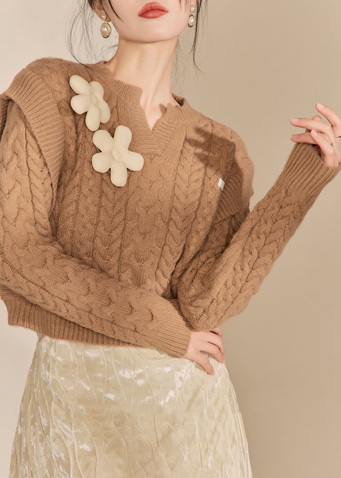 Handmade Brown V Neck Thick Cable Cotton Knit Sweaters Spring
