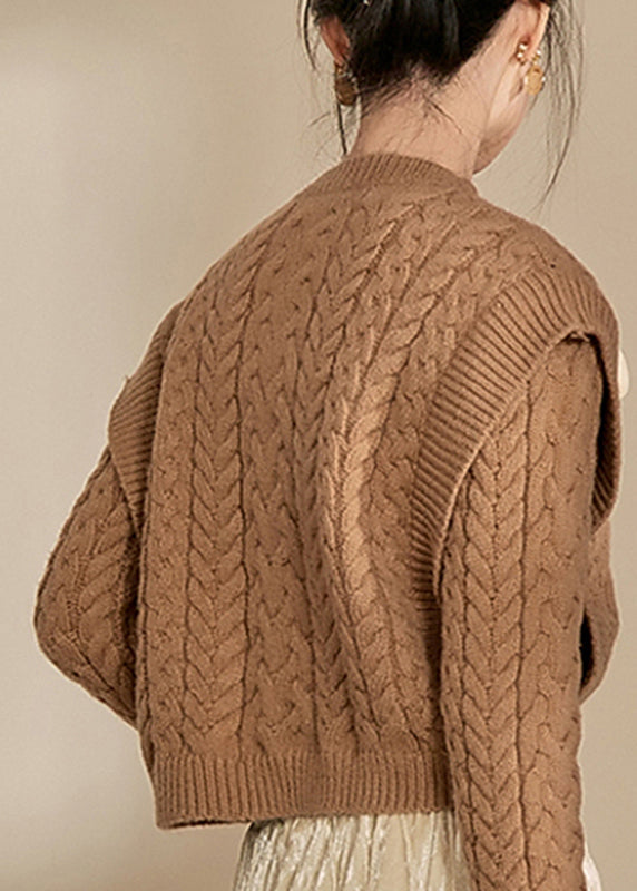 Handmade Brown V Neck Thick Cable Cotton Knit Sweaters Spring