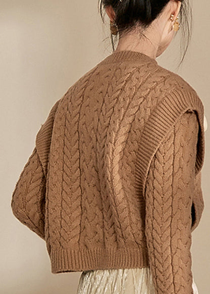 Handmade Brown V Neck Thick Cable Cotton Knit Sweaters Spring