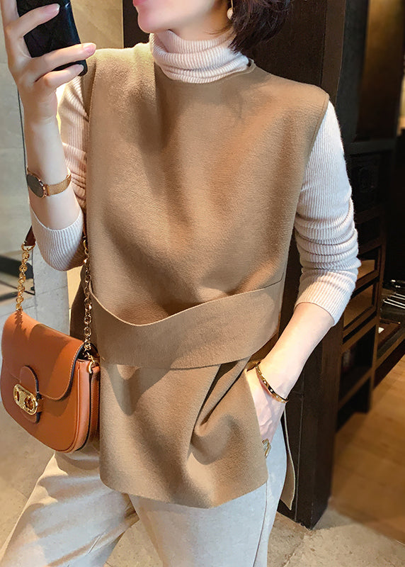Handmade Camel Colour O-neck Sashes Woolen Waistcoat Sleeveless