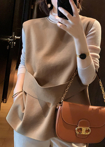 Handmade Camel Colour O-neck Sashes Woolen Waistcoat Sleeveless