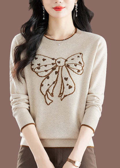 Handmade Camel O-neck Embroidered Bow Thick Cotton Knit Sweaters Winter