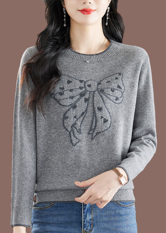 Handmade Camel O-neck Embroidered Bow Thick Cotton Knit Sweaters Winter