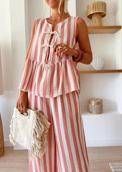 Handmade Camel O-neck Striped Top and Wide Leg Pants Two Pieces Set Summer
