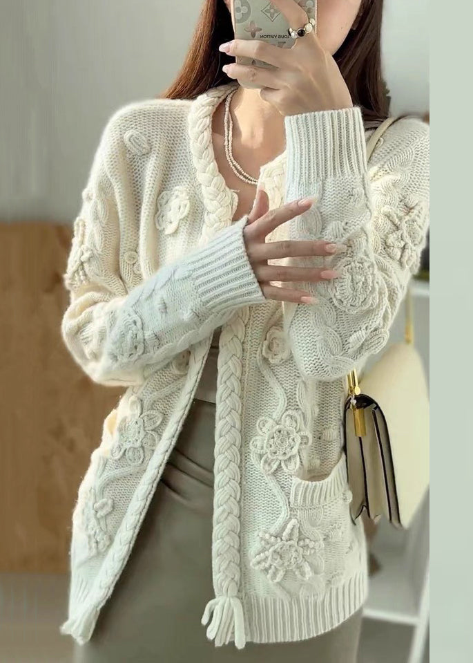 Handmade Camel Pockets Cable Knit Woolen Cardigans Spring