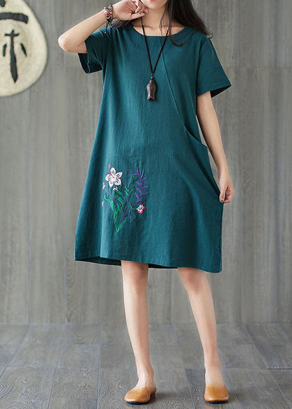 Handmade Caramel O-neck Embroideried Pocket Cotton Mid Dress Short Sleeve