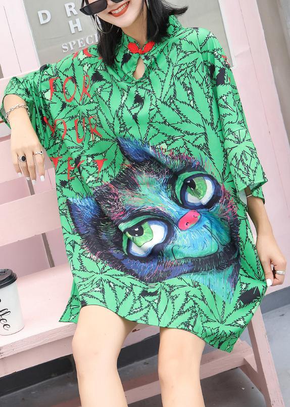 Handmade Chinese Button Cotton Quilting Dresses Neckline Green Prints Dresses Summer