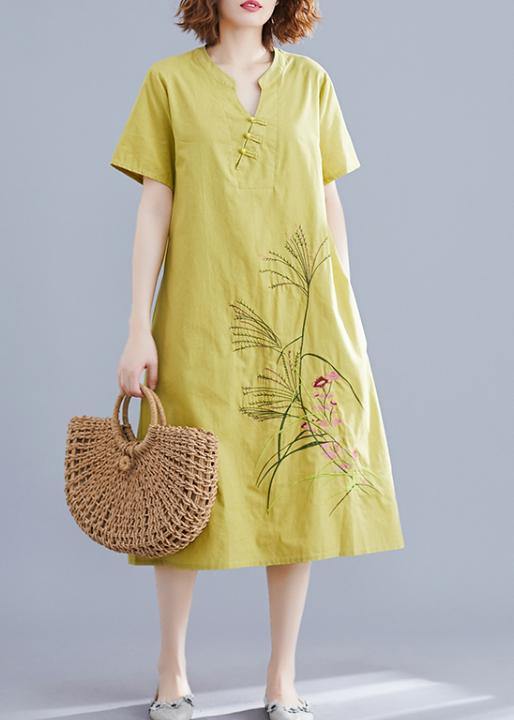 Handmade Chinese Button Linen Dresses Tutorials Yellow Embroidery Dress Summer