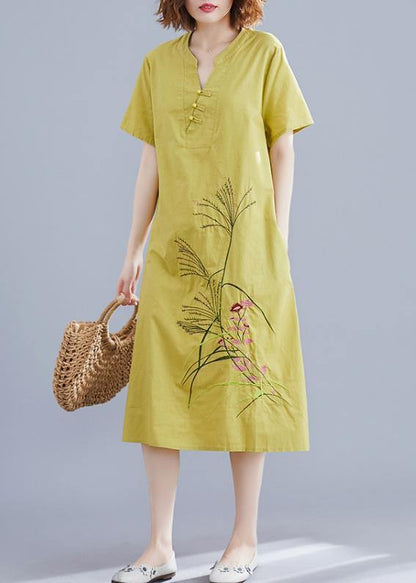 Handmade Chinese Button Linen Dresses Tutorials Yellow Embroidery Dress Summer