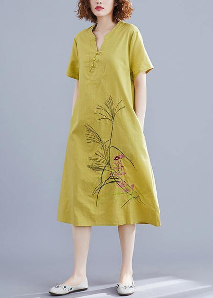 Handmade Chinese Button Linen Dresses Tutorials Yellow Embroidery Dress Summer