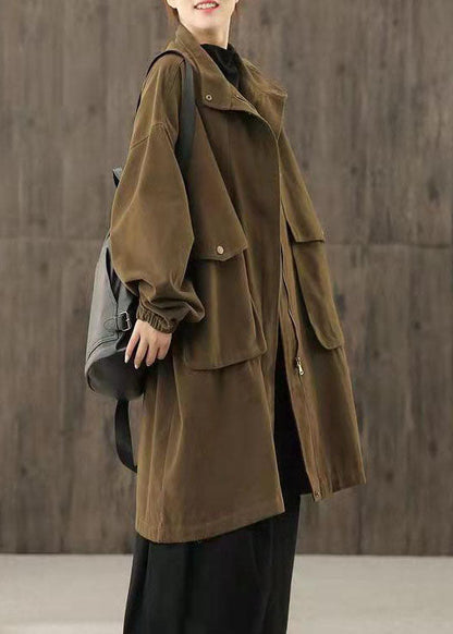 Handmade Chocolate Zippered Pockets Patchwork Fall Trench Coats