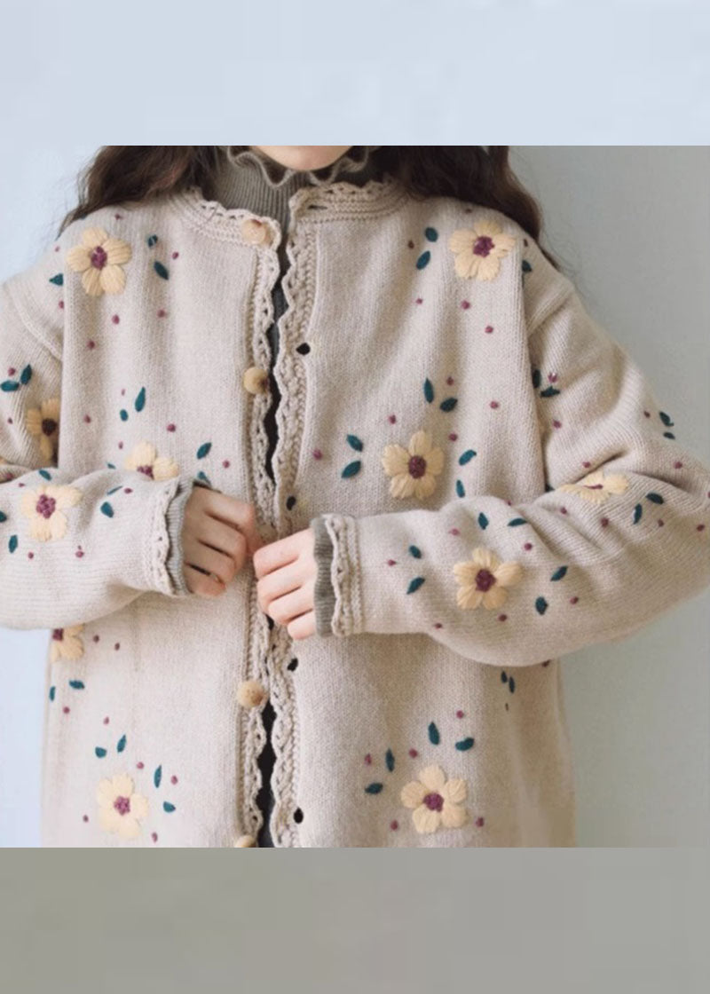 Handmade Coffee Embroidered Lace Patchwork Cotton Knit Coats Long Sleeve