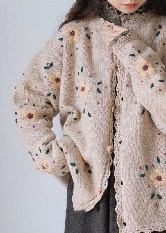 Handmade Coffee Embroidered Lace Patchwork Cotton Knit Coats Long Sleeve
