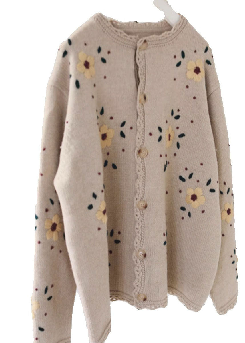 Handmade Coffee Embroidered Lace Patchwork Cotton Knit Coats Long Sleeve