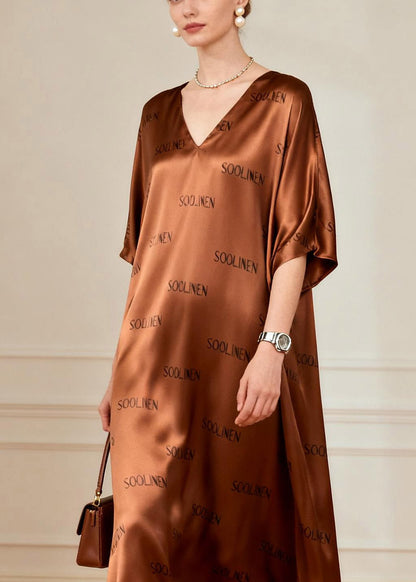 Handmade Coffee Graphic Silk Maxi Dress Short Sleeve