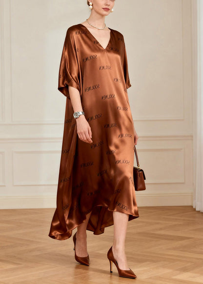 Handmade Coffee Graphic Silk Maxi Dress Short Sleeve