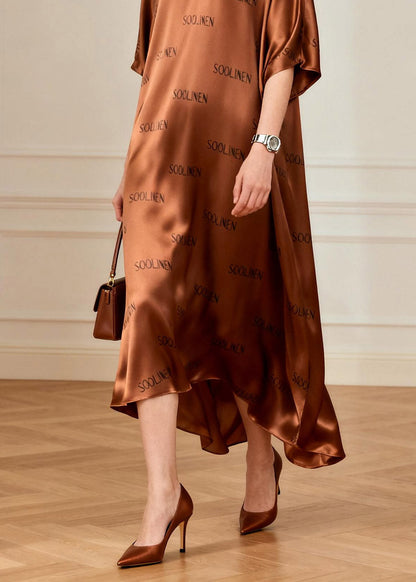 Handmade Coffee Graphic Silk Maxi Dress Short Sleeve