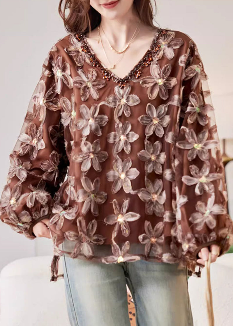 Handmade Coffee Nail Bead Sequins Chiffon Shirt Spring
