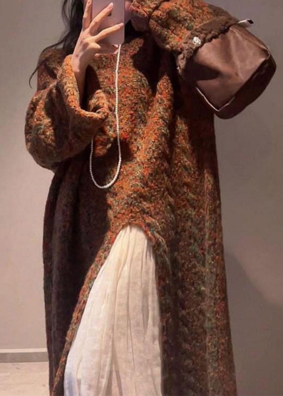 Coffee O-neck Asymmetrical Cotton Knit Long Sweaters Spring