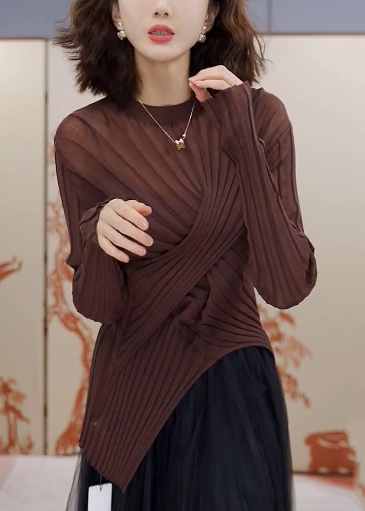 Handmade Coffee O-Neck Asymmetrical Wrinkled Tops Spring