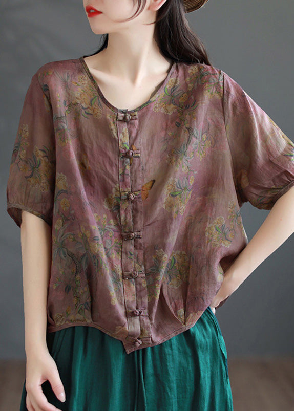 Handmade Coffee O-neck Print Button Ramie Shirts Short Sleeve