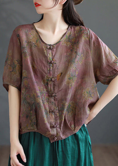Handmade Coffee O-neck Print Button Ramie Shirts Short Sleeve